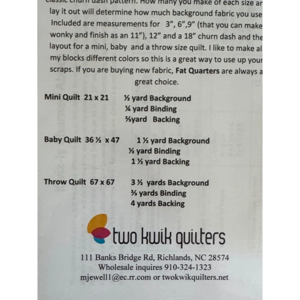 Mini Quilt Pattern Kwik-ly Churned About by Two Kwik Quilters NWT